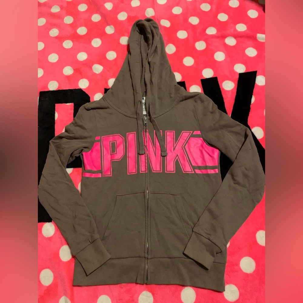 I Victoria’s Secret Pink espresso, hoodie, full zip with hot pink size small